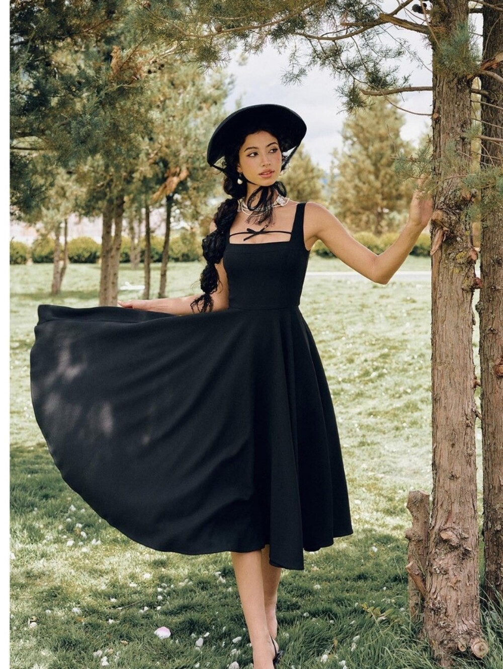 Lacemade Beyond Campus Black Square-Neck Midi Dress